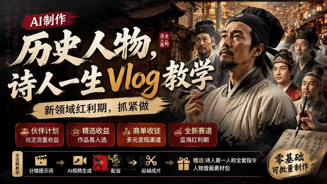 （19758期）历史人物，诗人一生Vlog教学， AI制作丨伙伴计划丨精选收益丨商单收徒 ，新领域红利期，抓紧做-新发现资源网
