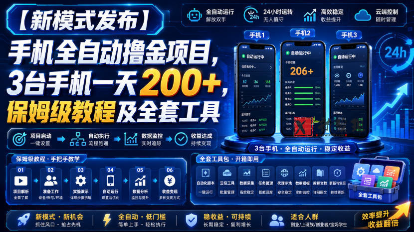 【新模式发布】手机全自动撸金项目，3台手机一天200+，保姆级教程及全套工具-新发现资源网
