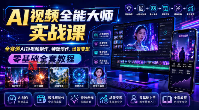AI视频全能大师实战课｜全赛道AI短视频制作、特效创作、场景变现零基础全套教程-新发现资源网