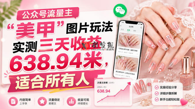 公众号流量主”美甲”图片玩法实测三天收益638.94米，适合所有人