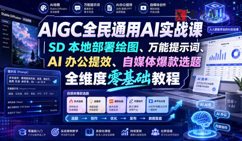 AIGC全民通用AI实战课｜SD本地部署绘图、万能提示词、AI办公提效、自媒体爆款选题全维度零基础教程