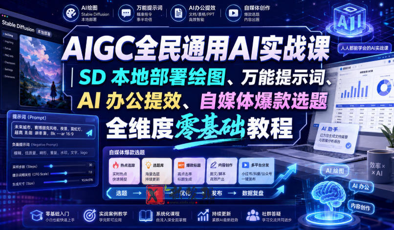 AIGC全民通用AI实战课｜SD本地部署绘图、万能提示词、AI办公提效、自媒体爆款选题全维度零基础教程-新发现资源网