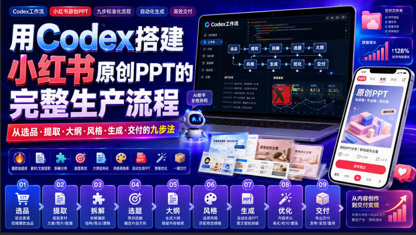 用Codex搭建小红书原创PPT的完整生产流程，从选品·提取·大纲·风格·生成·交付的九步法