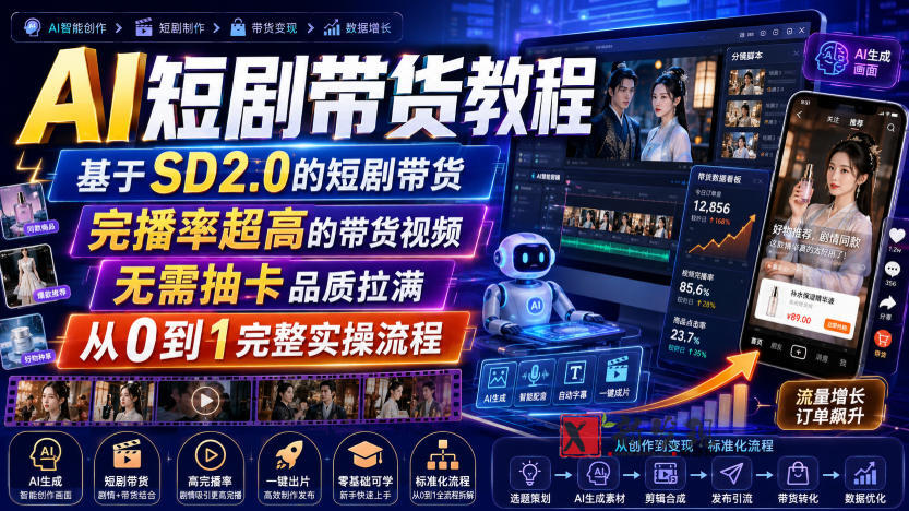 AI短剧带货教程，基于SD2.0的短剧带货，完播率超高的带货视频，无需抽卡品质拉满，从0到1完整实操流程-新发现资源网