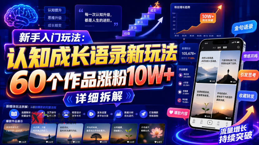 新手入门玩法：认知成长语录新玩法，60个作品涨粉10W+，详细拆解