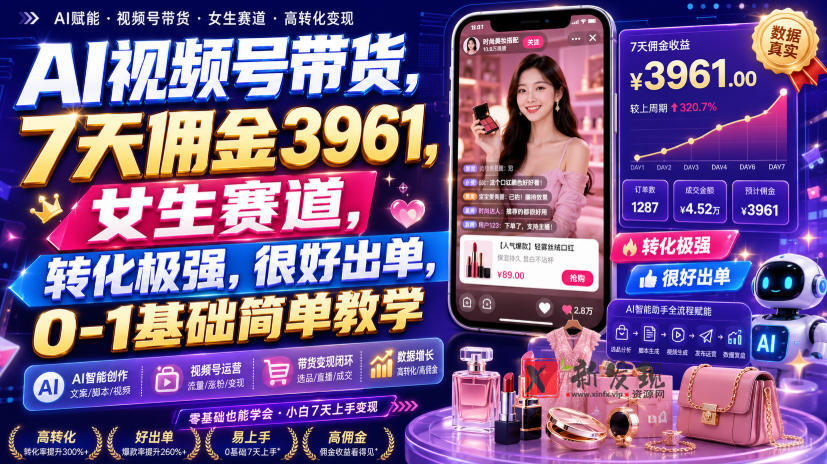AI视频号带货，7天佣金3961，女生赛道，转化极强，很好出单，0-1基础简单教学