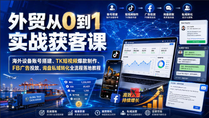 外贸从0到1实战获客课｜海外设备账号搭建、TK短视频爆款制作、FB广告投放、询盘私域转化全流程落地教程