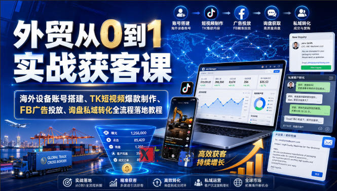 外贸从0到1实战获客课｜海外设备账号搭建、TK短视频爆款制作、FB广告投放、询盘私域转化全流程落地教程-新发现资源网