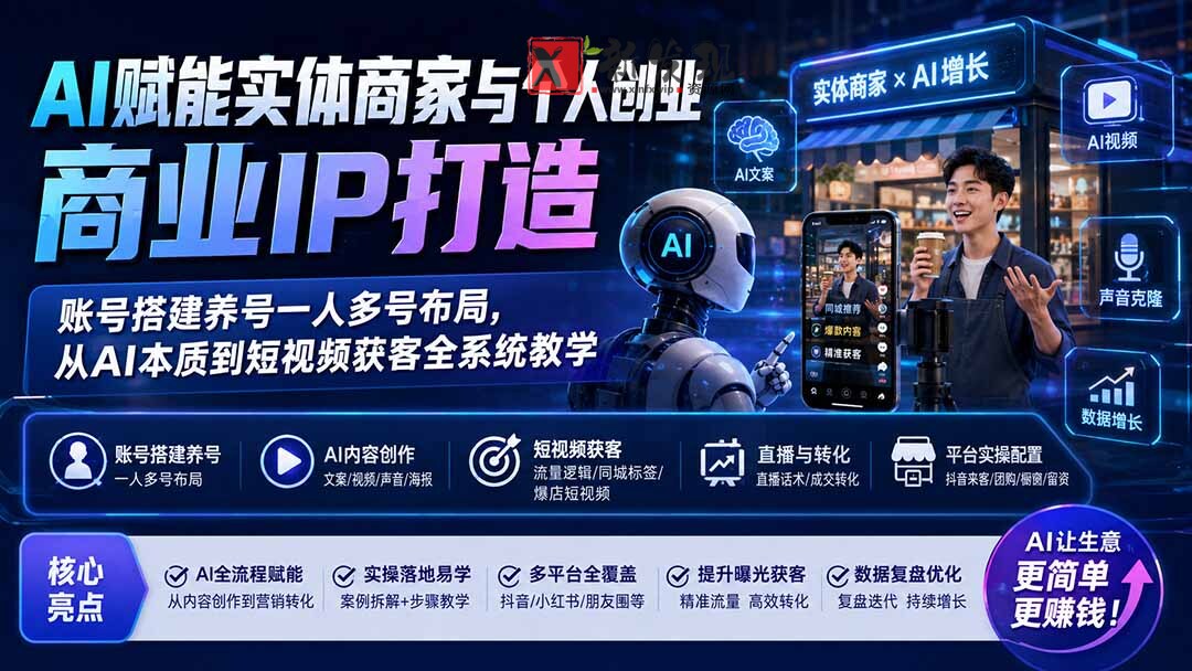 （19852期）AI赋能实体商家与个人创业商业IP打造；账号搭建养号一人多号布局，从AI本质到短视频获客全系统教学
