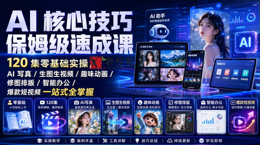 AI核心技巧保姆级速成课｜120集零基础实操，AI写真/生图生视频/趣味动画/修图排版/智能办公/爆款短视频一站式全掌握