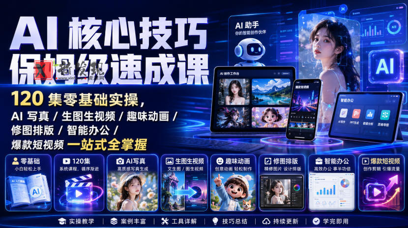 AI核心技巧保姆级速成课｜120集零基础实操，AI写真/生图生视频/趣味动画/修图排版/智能办公/爆款短视频一站式全掌握-新发现资源网