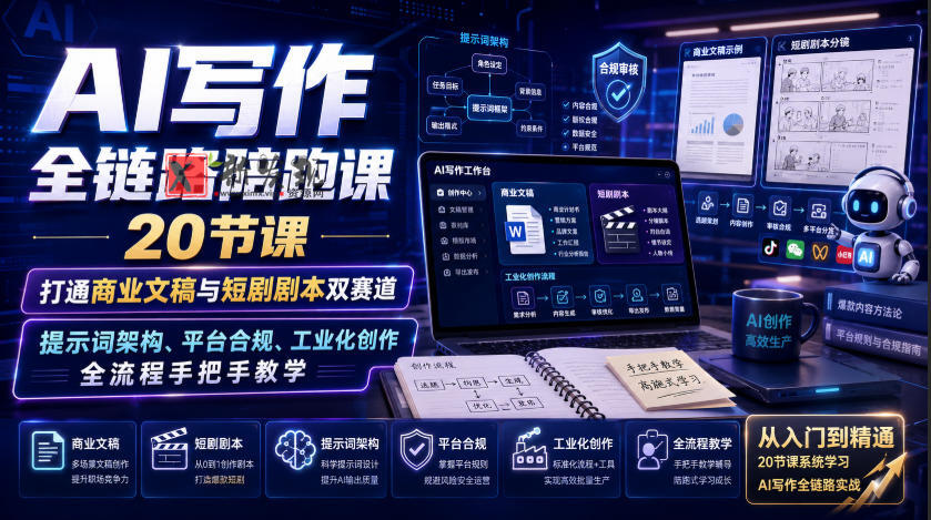 AI写作全链路陪跑课｜20节课打通商业文稿与短剧剧本双赛道，提示词架构、平台合规、工业化创作全流程手把手教学-新发现资源网