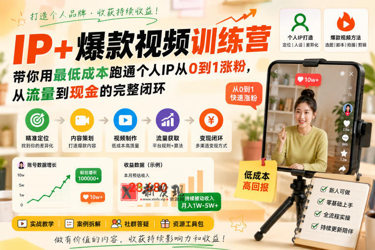 IP+爆款视频训练营，带你用最低成本跑通个人IP从0到1涨粉，从流量到现金的完整闭环-新发现资源网