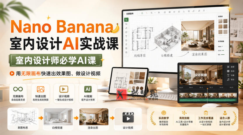 Nano Banana室内设计AI实战课，室内设计师必学AI课，用无限画布快速出效果图、做设计视频