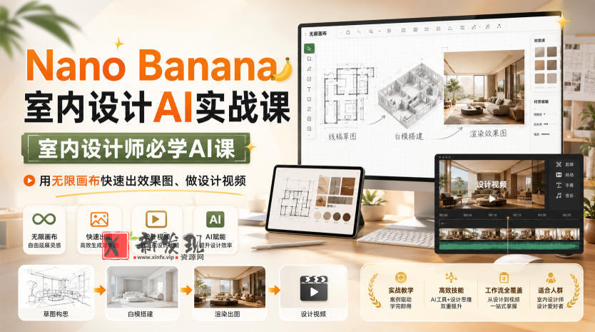 Nano Banana室内设计AI实战课，室内设计师必学AI课，用无限画布快速出效果图、做设计视频-新发现资源网
