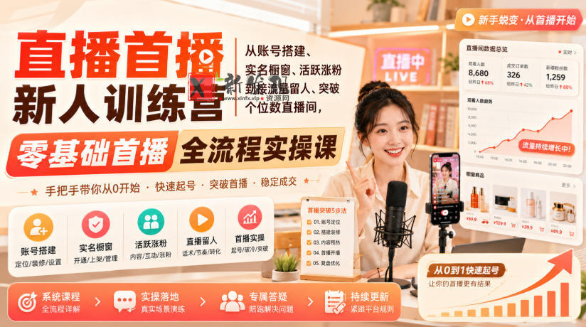直播首播新人训练营｜从账号搭建、实名橱窗、活跃涨粉到接流量留人、突破个位数直播间，零基础首播全流程实操课