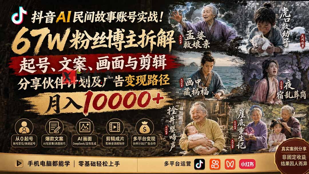 （19738期）抖音AI民间故事账号实战！67W粉丝博主拆解起号、文案、画面与剪辑，分享伙伴计划及广告变现路径，月入10000+-新发现资源网