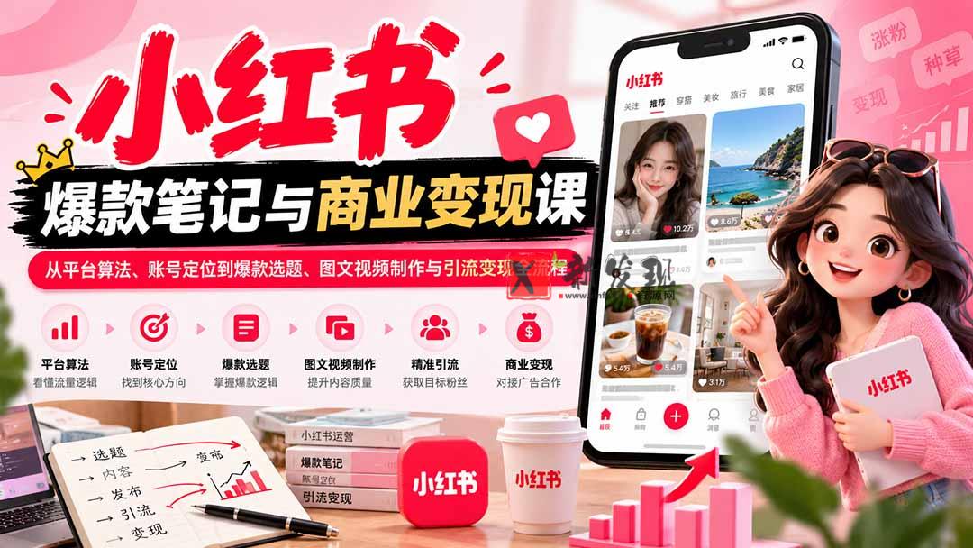2026小红书爆款笔记与商业变现课：从平台算法、账号定位到爆款选题、图文视频制作与引流变现全流程-新发现资源网