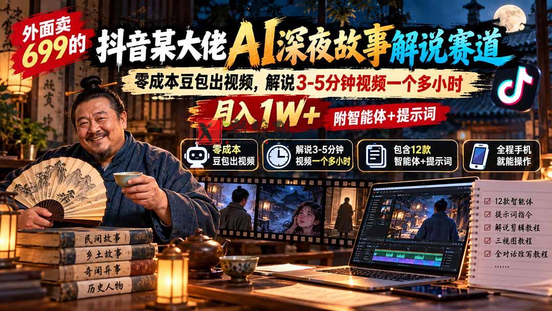 外面卖699的抖音某大佬AI深夜故事解说赛道：零成本豆包出视频，解说3-5分钟视频一个多小时，月入1W+附智能体+提示词-新发现资源网