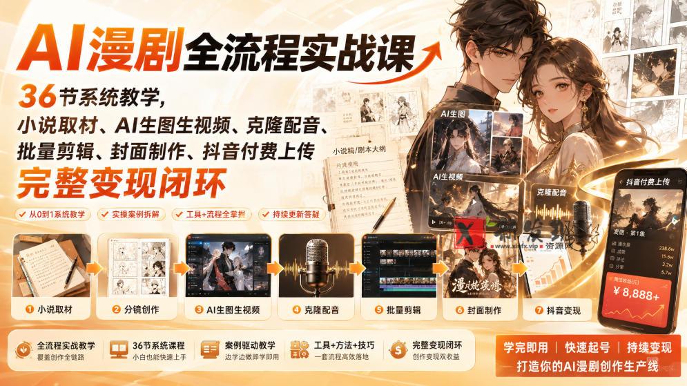 AI漫剧全流程实战课｜36节系统教学，小说取材、AI生图生视频、克隆配音、批量剪辑、封面制作、抖音付费上传完整变现闭环-新发现资源网