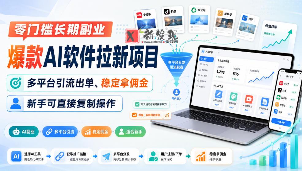 零门槛长期副业，爆款AI软件拉新项目，多平台引流出单、稳定拿佣金，新手可直接复制操作-新发现资源网