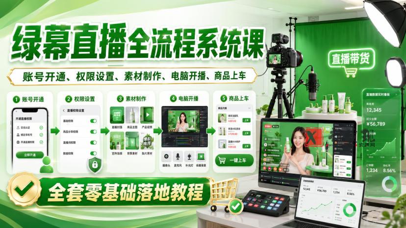 绿幕直播全流程系统课，账号开通、权限设置、素材制作、电脑开播、商品上车全套零基础落地教程-新发现资源网