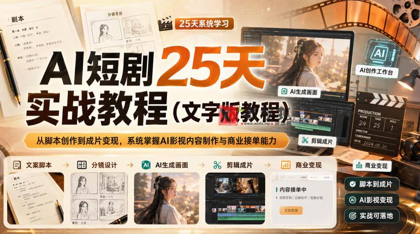 AI短剧25天实战教程（文字版教程），从脚本创作到成片变现，系统掌握AI影视内容制作与商业接单能力-新发现资源网