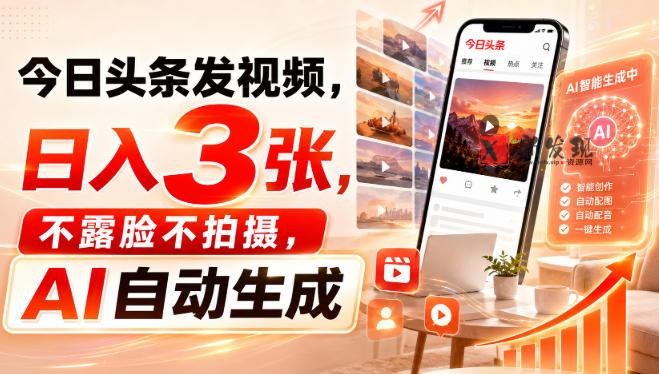 今日头条发视频,日入3张,不露脸不拍摄,AI自动生成-新发现资源网