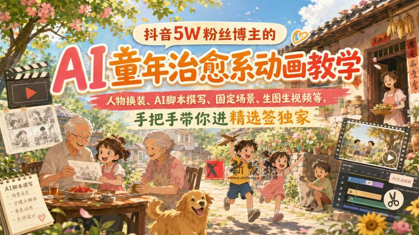 抖音5W粉丝博主的AI童年治愈系动画教学，人物换装、AI脚本撰写、固定场景、生图生视频等，手把手带你进精选签独家-新发现资源网