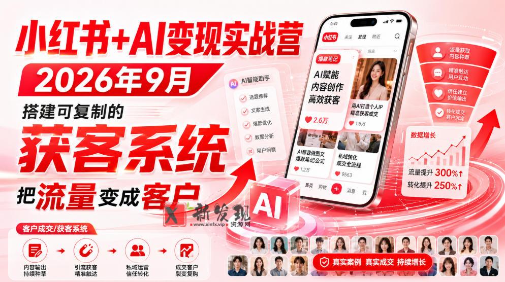 小红书+AI变现实战营2026年9月,搭建可复制的获客系统,把流量变成客户!-新发现资源网