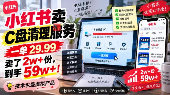 小红书卖C盘清理服务,一单29.99,卖了2w+份,技术也是虚拟产品-新发现资源网