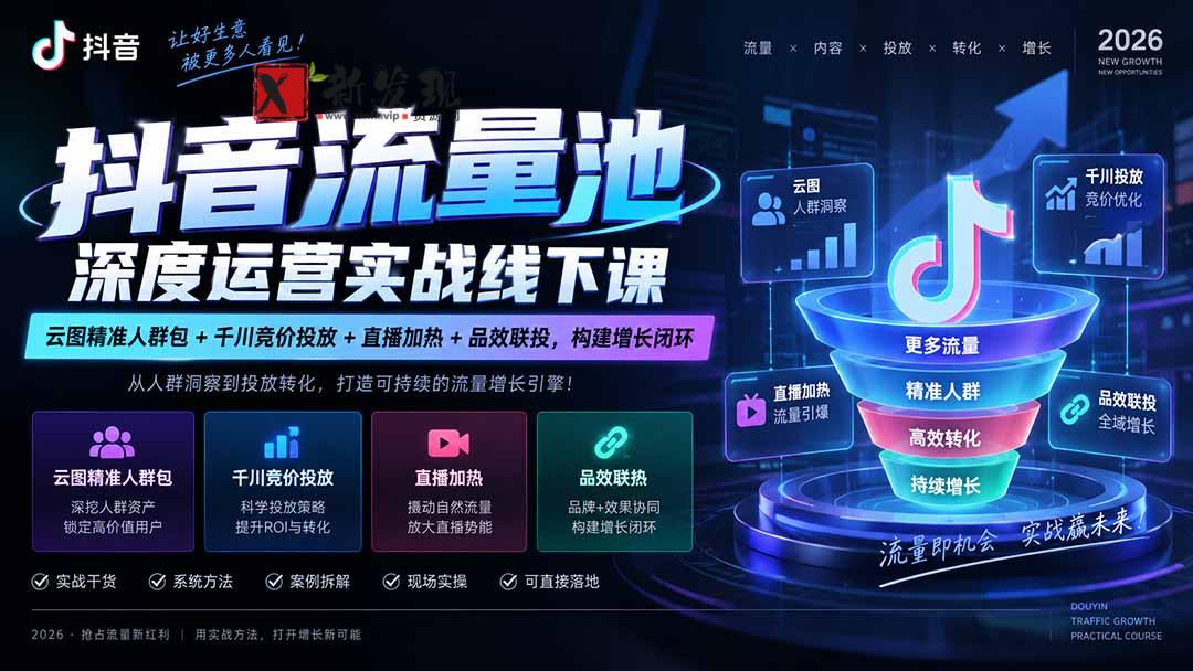 （20598期）抖音流量池深度运营实战线下课｜云图精准人群包+千川竞价投放+直播加热+品效联投，构建增长闭环-新发现资源网