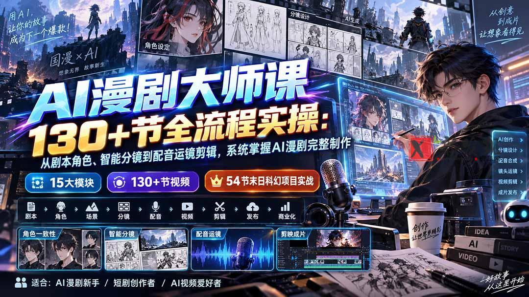 （20326期）AI漫剧大师课130+节全流程实操：从剧本角色、智能分镜到配音运镜剪辑，系统掌握AI漫剧完整制作-新发现资源网