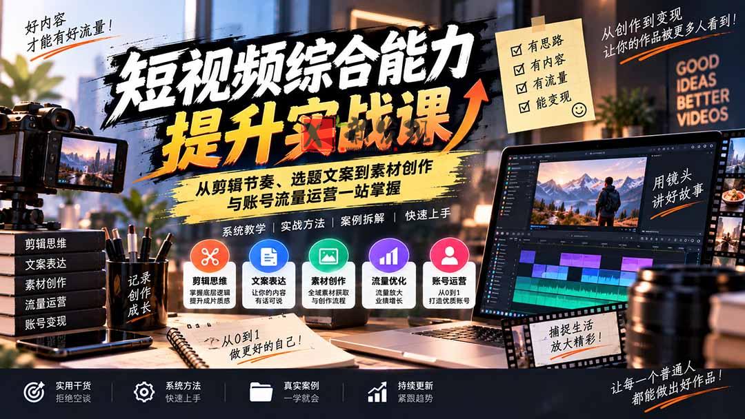（20599期）短视频综合能力提升实战课：从剪辑节奏、选题文案到素材创作与账号流量运营一站掌握-新发现资源网