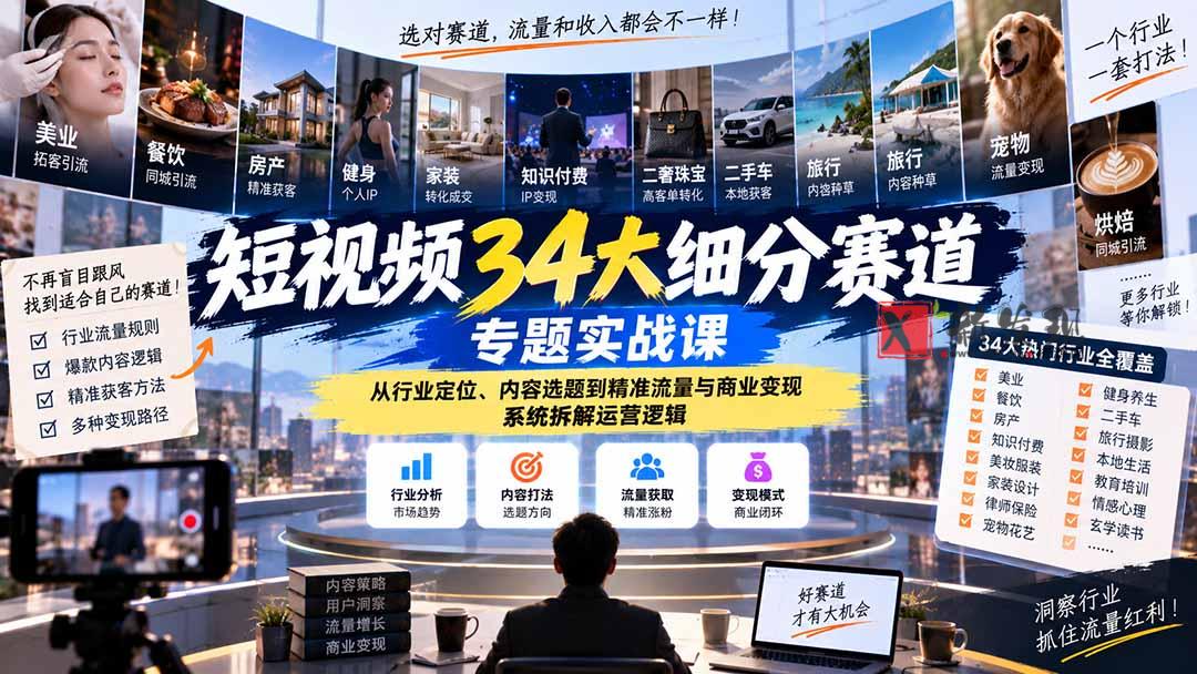 （20600期）短视频34大细分赛道专题实战课：从行业定位、内容选题到精准流量与商业变现，系统拆解运营逻辑-新发现资源网