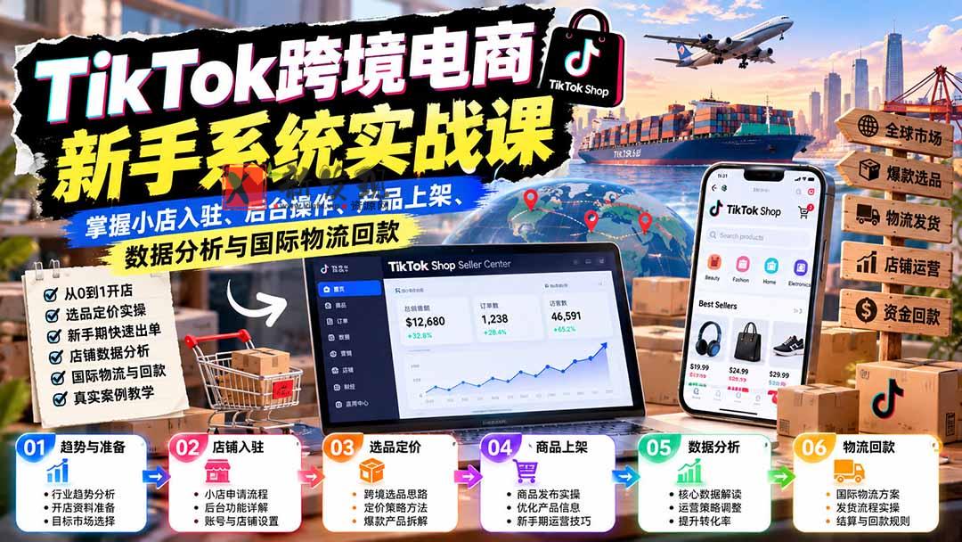 TikTok跨境电商新手系统实战课：掌握小店入驻、后台操作、产品上架、数据分析与国际物流回款-新发现资源网