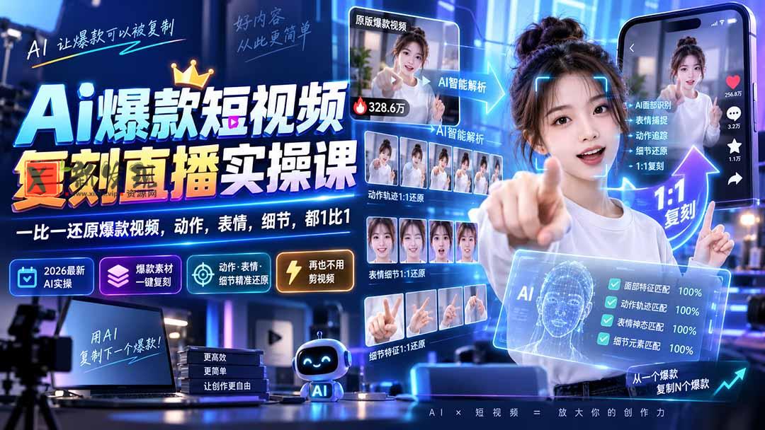 （20304期）最新Ai爆款短视频复刻直播实操课，一比一还原爆款视频，动作，表情，细节，都1比1-新发现资源网