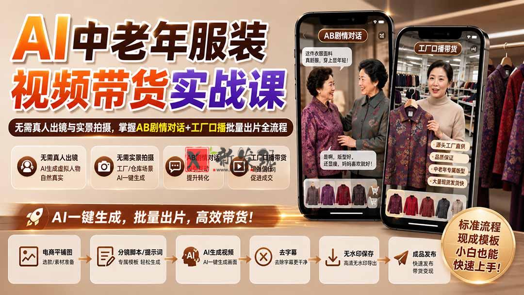 （20198期）AI中老年服装视频带货实战课：无需真人出镜与实景拍摄，掌握AB剧情对话+工厂口播批量出片全流程-新发现资源网