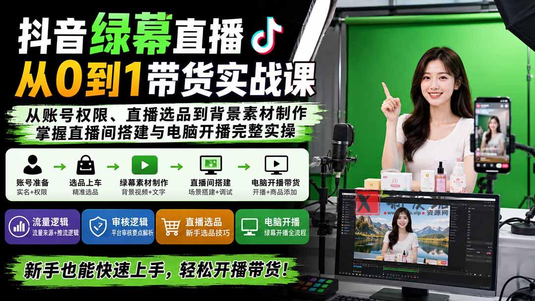 （20224期）抖音绿幕直播从0到1带货实战课：从账号权限、直播选品到背景素材制作，掌握直播间搭建与电脑开播完整实操-新发现资源网