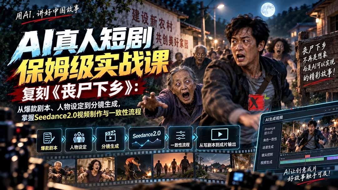 （20359期）AI真人短剧保姆级实战课，复刻《丧尸下乡》：从爆款剧本、人物设定到分镜生成，掌握Seedance2.0视频制作与一致性流程-新发现资源网