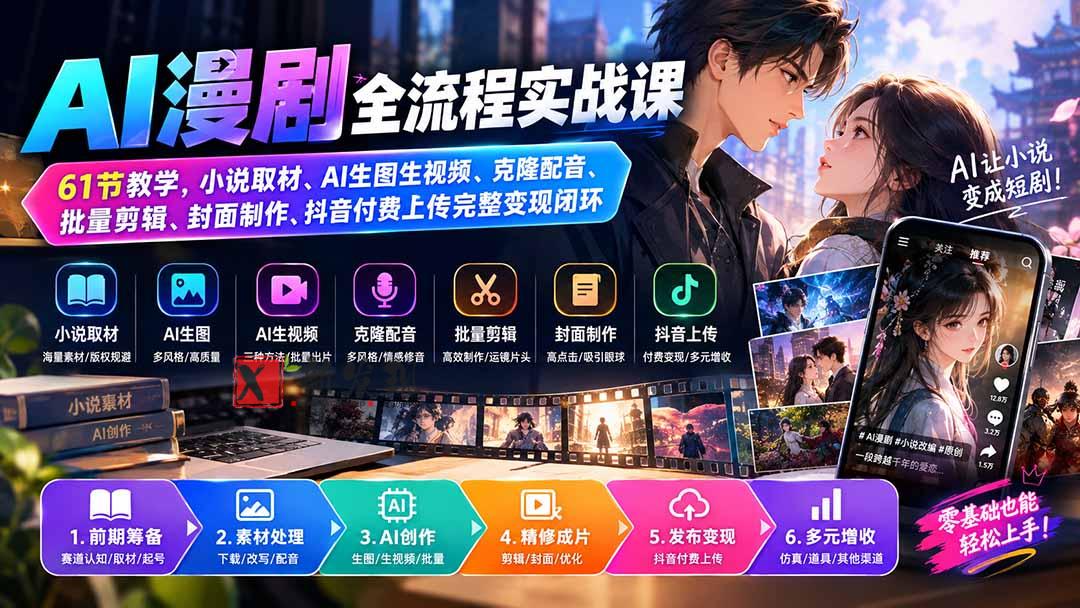 （20199期）AI漫剧全流程实战课｜61节教学，小说取材、AI生图生视频、克隆配音、批量剪辑、封面制作、抖音付费上传完整变现闭环-新发现资源网