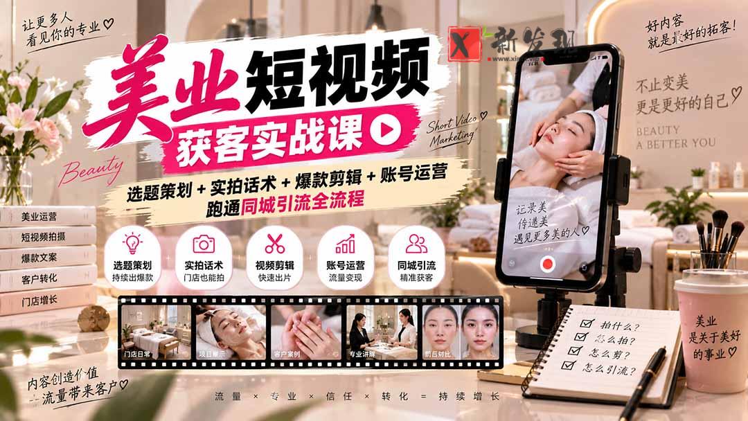 （20586期）美业短视频获客实战课-无水印：选题策划+实拍话术+爆款剪辑+账号运营，跑通同城引流全流程-新发现资源网