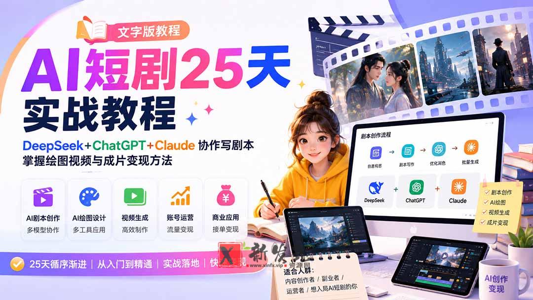 （20225期）AI短剧25天实战教程（文字版教程）：DeepSeek+ChatGPT+Claude协作写剧本，掌握绘图视频与成片变现方法-新发现资源网