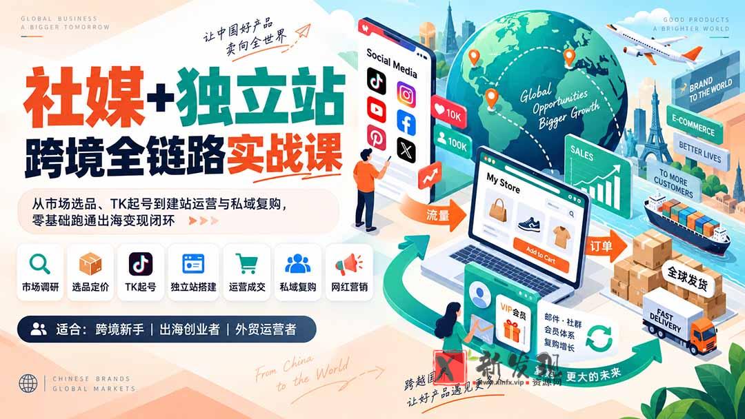 （20361期）社媒+独立站跨境全链路实战课：从市场选品、TK起号到建站运营与私域复购，零基础跑通出海变现闭环-新发现资源网