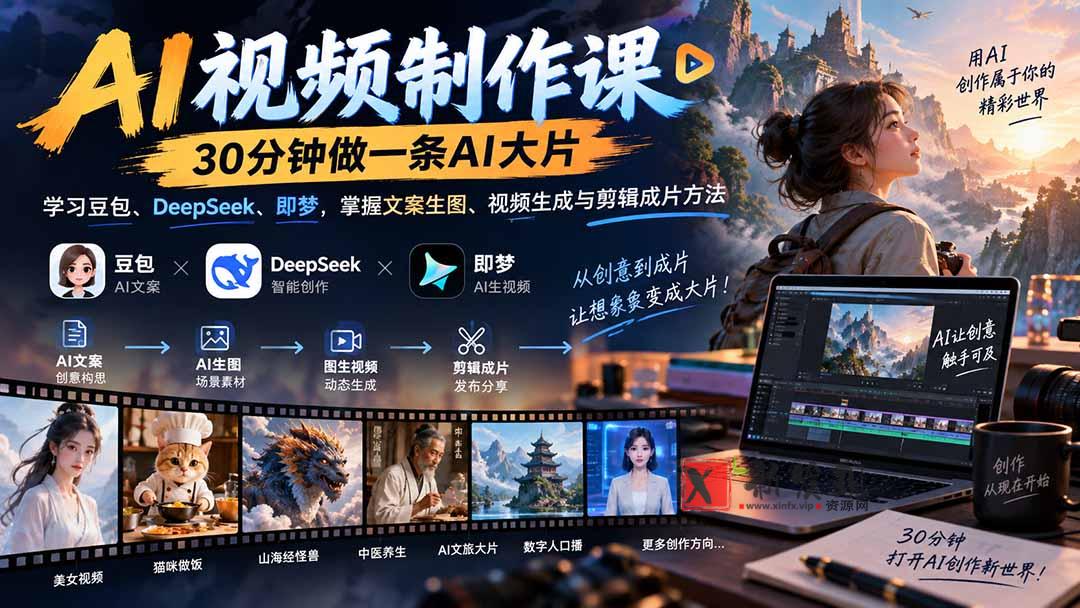 （20380期）AI视频制作课-30分钟做一条AI大片：学习豆包、DeepSeek、即梦，掌握文案生图、视频生成与剪辑成片方法-新发现资源网