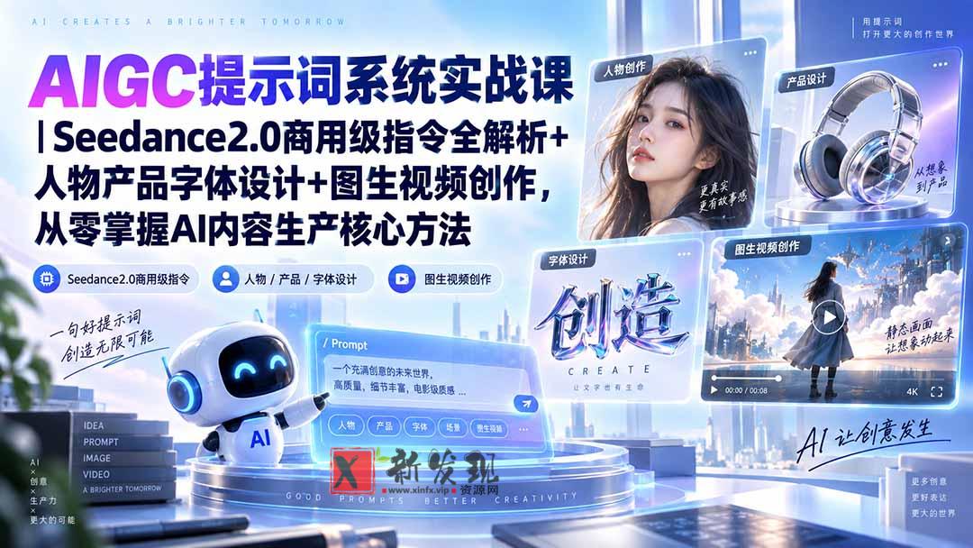 (20559期)AIGC提示词系统实战课-无水印|Seedance2.0商用级指令全解析+人物产品字体设计+图生视频创作,掌握AI内容生产方法-新发现资源网