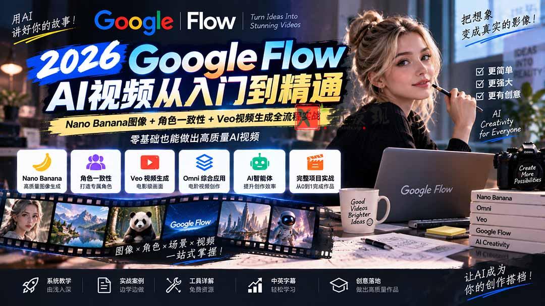 （20608期）【无水印】Google Flow AI视频从入门到精通：Nano Banana图像+角色一致性+Veo视频生成全流程实战-精翻中英字幕-新发现资源网