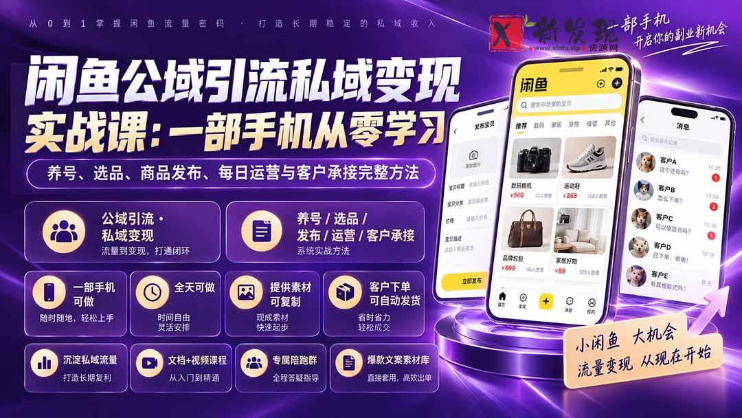 （20322期）闲鱼公域引流私域变现实战课：一部手机从零学习养号、选品、商品发布、每日运营与客户承接完整方法-新发现资源网