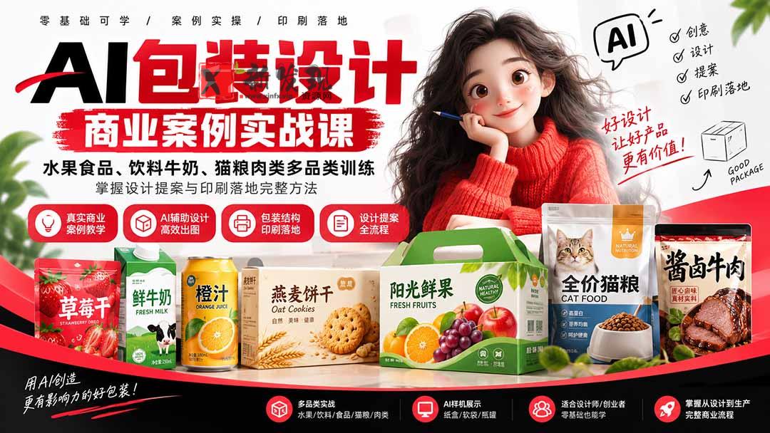 （20387期）AI包装设计商业案例实战课：水果食品、饮料牛奶、猫粮肉类多品类训练，掌握设计提案与印刷落地完整方法-新发现资源网
