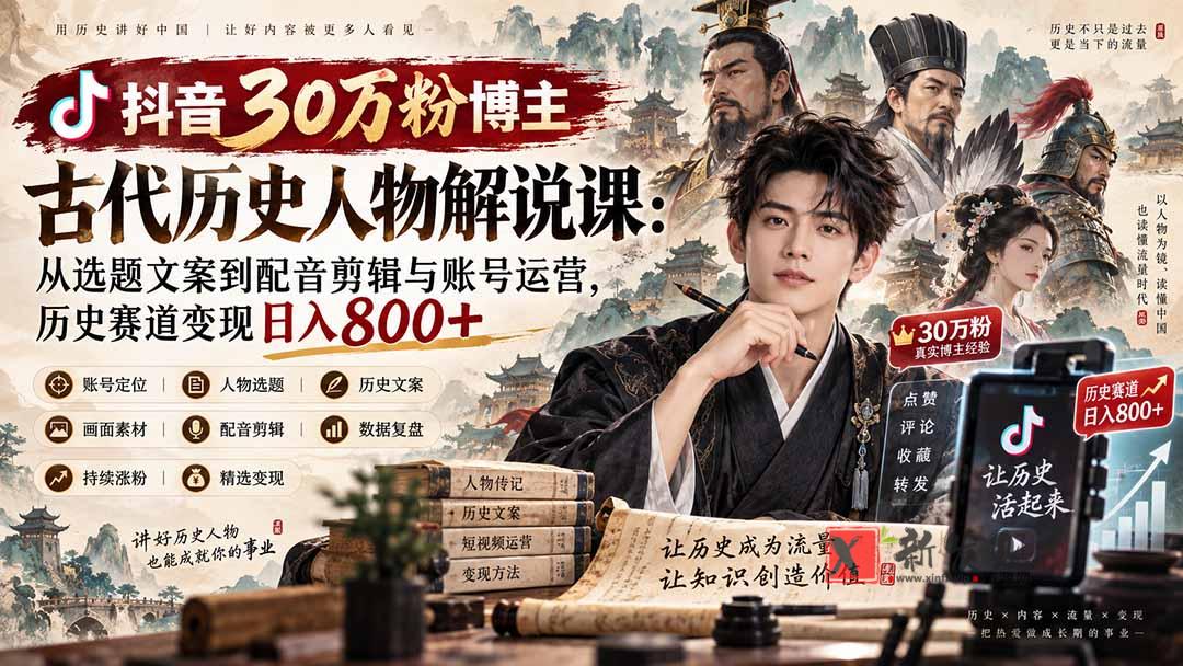 （20441期）抖音30万粉博主古代历史人物解说课：从选题文案到配音剪辑与账号运营，历史赛道变现日入800+-新发现资源网